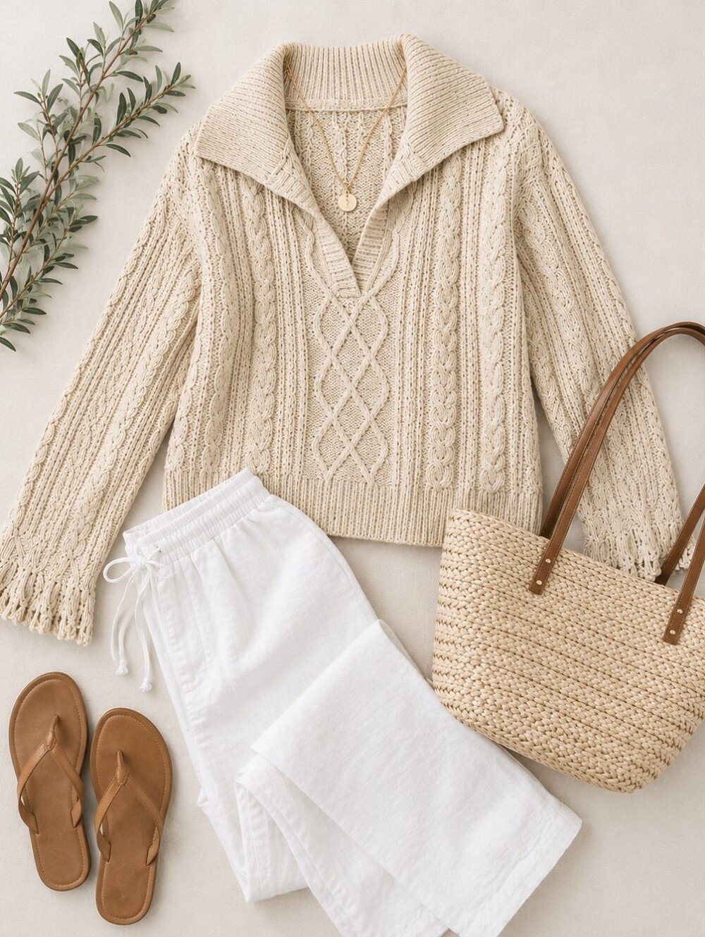 Cable Knit Collared Revel Sweater - Cream Coastal - Picture 2 of 4